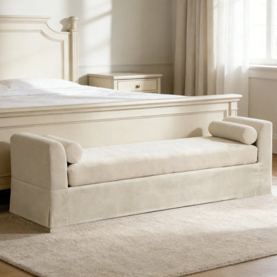 Très grand banc d'extrémité de 88 po avec accoudoirs beige, méridienne en chenille, bancs de chambre rembourrés surdimensionnés avec 2 coussins, très long banc pour le salon de l'entrée