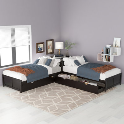 L-shaped Platform Bed with Trundle and Drawers Linked with built-in Desk,Twin