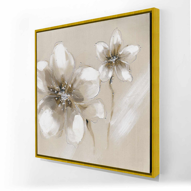 Toile encadrée deux fleurs crème | Décoration murale florale, H 25,25 po x l 25,25 po