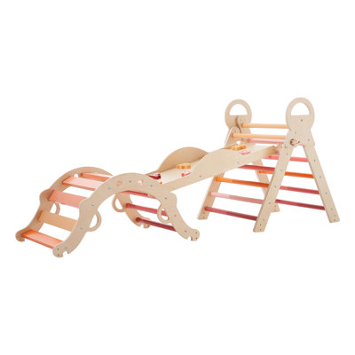 Pikler climbing triangle and arch set with a connecting slide, featuring natural wood finish and multi-colored rungs.