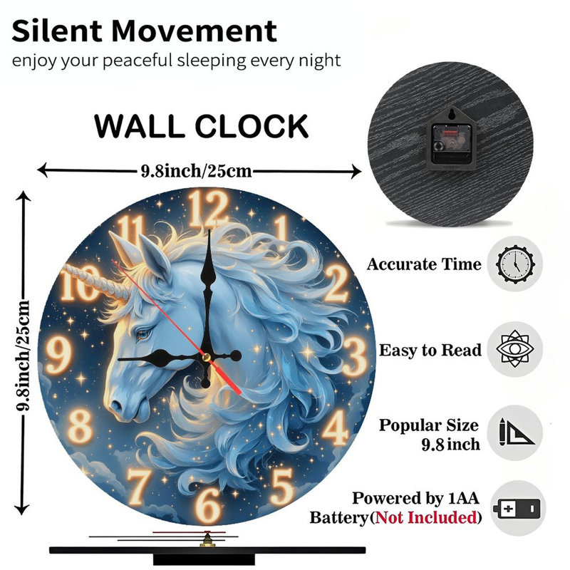 Décoration murale artistique horloge de nuit licorne bleue