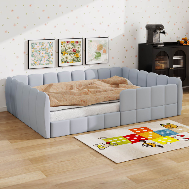 Lit de plancher pour enfants, lit Montessori avec garde-corps, cadre de lit rembourré à profil bas pour garçons et filles