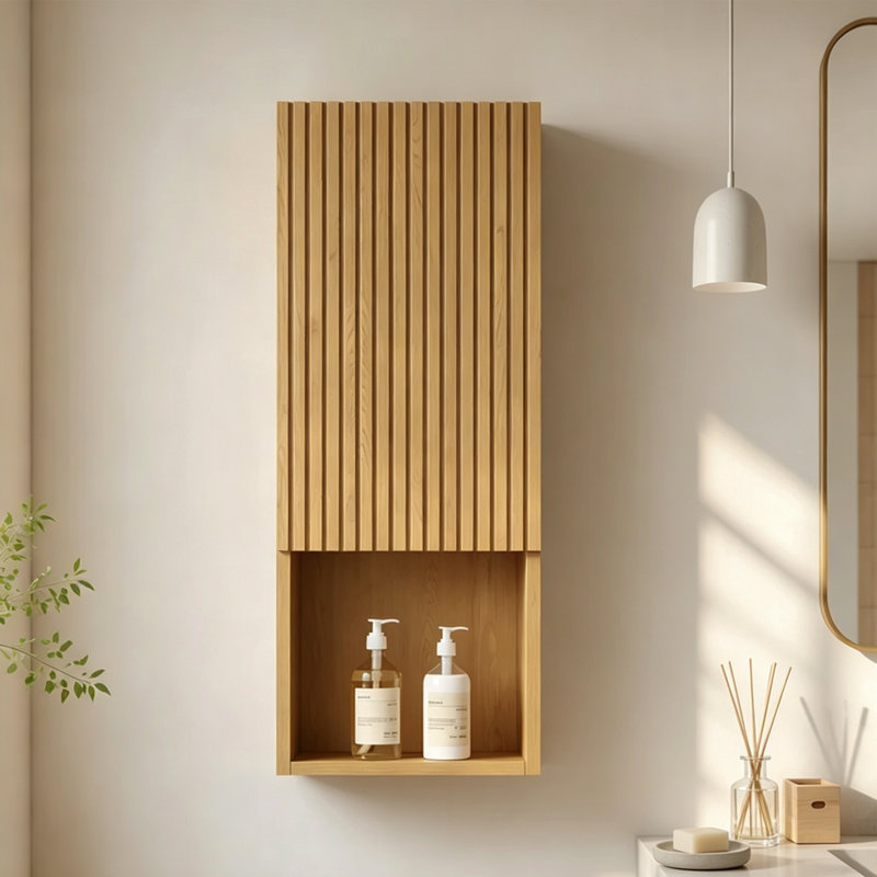 Meuble-lavabo mural moderne en bois massif à lattes flottantes Mid-Century