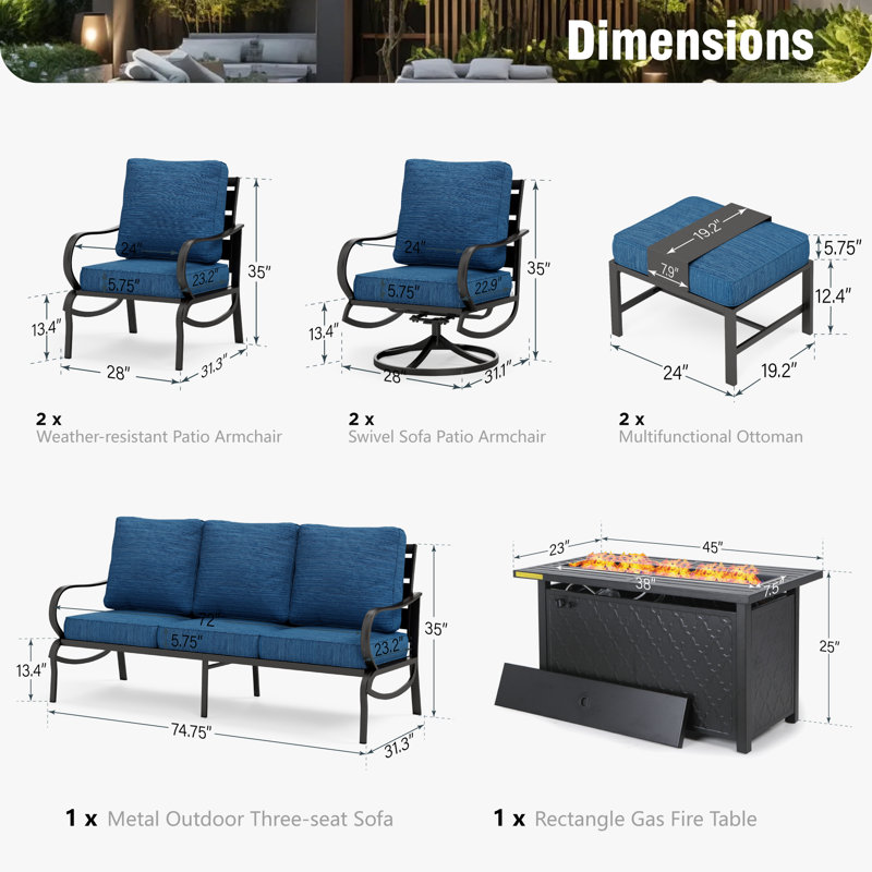 Tapasi 9 - Person Patio Conversation Set with Swivel Lounge Chairs & Optional Firepit Table, Peacock Blue, Yes