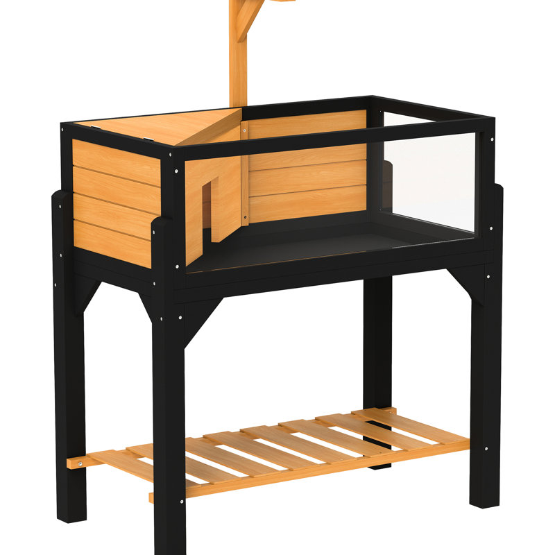 Pavillon de tortue en bois jaune avec tablette de rangement, grandes fenêtres transparentes à l'avant pour une meilleure visibilité, plateau ouvert et porte-lampe - rangement facile, bon abri confortable