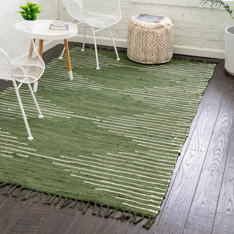 Tapis vert en coton tissé à plat à la main Justice, Rectangle 4 pi 1 po x 6 pi 1 po