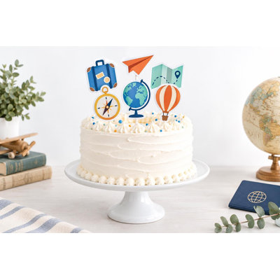 Adventure Awaits Cake Decorations, Travel Baby Shower Toppers, Map Suitcase Paper Plane Picks