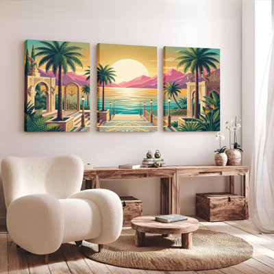 Ensemble de 3 toiles murales « Coucher de soleil paradisiaque » pour salon, chambre et décoration intérieure
