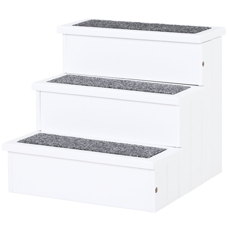 White 3 Step Wooden Pet Stairs Ramp, Non Slip For Small Dogs, Cats And Dogs -
