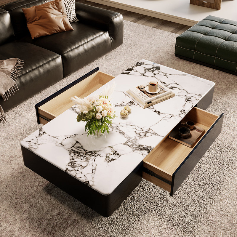 Table basse luxueuse en pierre micro-cristalline, H 13,8 po x L 51,2 po x l 27,6 po, Blanc