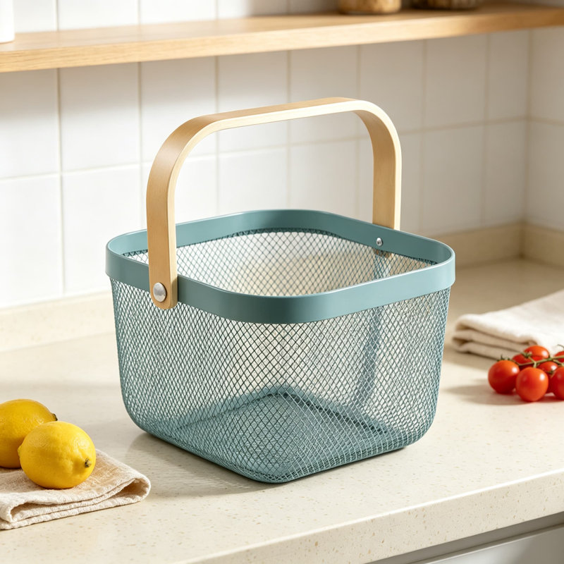 Panier en maille métallique en acier avec poignée en bambou, bac de rangement multifonctionnel pour comptoir de cuisine, garde-manger, panier de fruits