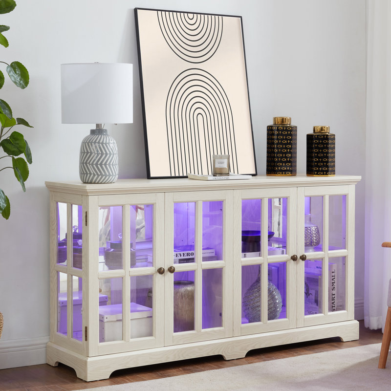 Buffet de 59 po de largeur avec portes en verre, Blanc