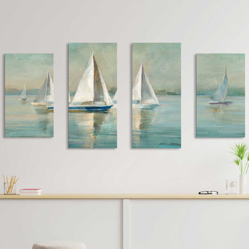 Voiliers au lever du soleil, 4 pièces par Danhui Nai, H 30 po x l 56 po x P 1 po