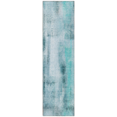 8' Runner Teal Washable Non Skid Indoor Outdoor Runner Rug