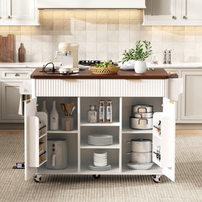 Îlot de cuisine 52 po blanc avec plateau de couleur noyer - conception cannelée, abattant, roulant, prise de courant, tablettes réglables, 2 portes et 2 tiroirs - meubles de cuisine
