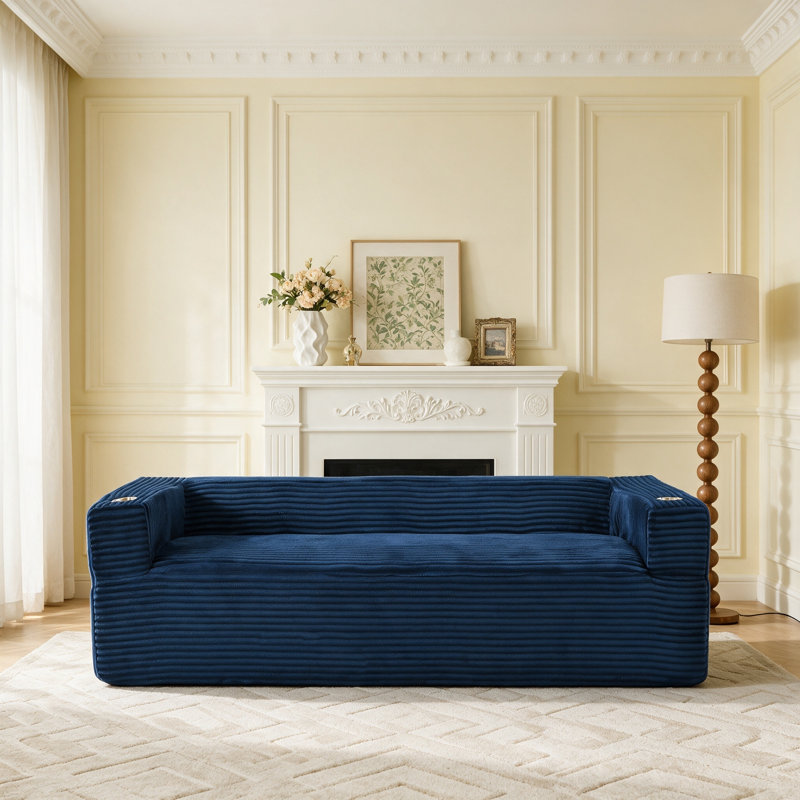 Canapé à compression en velours côtelé de 92 po avec porte-gobelets et rangement Boneless, Bleu