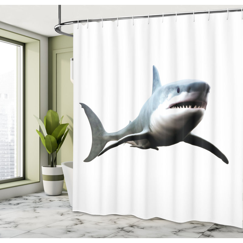 East Urban Home Shark Shower Curtain Wild Sea Creature Art Blue Grey White, 84"H x 69"W