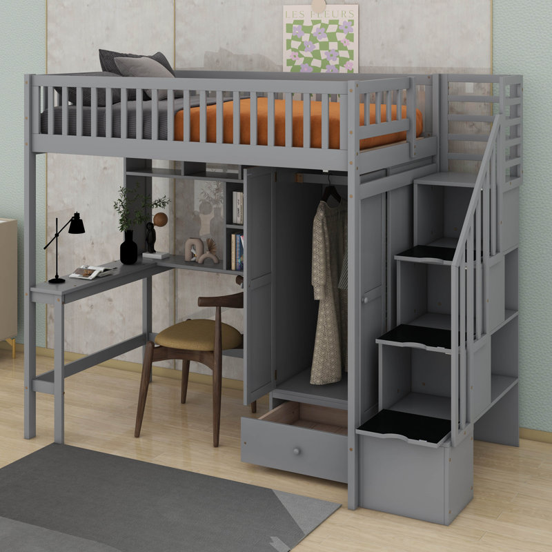 Lit mezzanine simple avec bibliothèque, bureau, tiroirs et garde-robe