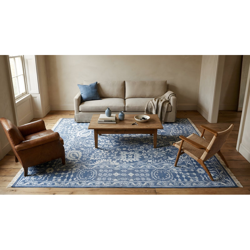 Blue Hand-Knotted Wool Bamboo Silk Framed Floral Garden Geometric Modern Contemporary Carpet Rug, 6' x 9'