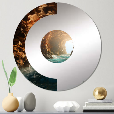 Vagues dans une grotte se dirigeant vers le soleil - Miroir mural demi-cercle