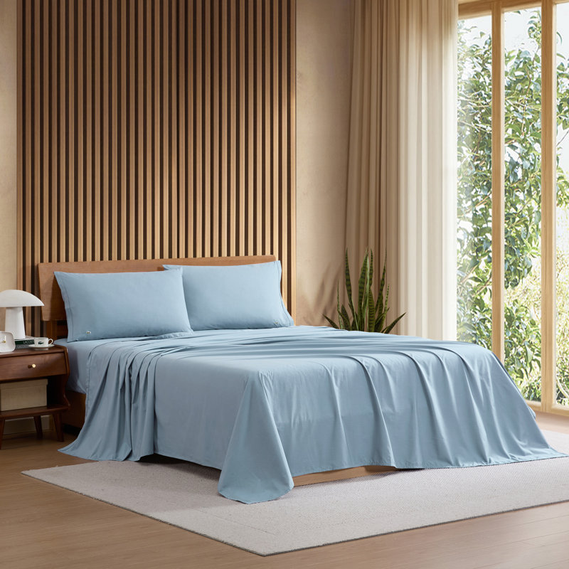 Lacoste Cotton Percale Sheet Set, Cooling & Breathable Bedding, Deep Pocket Fitted Sheet, Allure Blue, Twin XL, Allure Blue