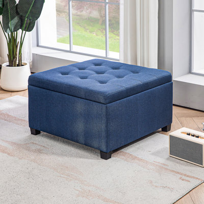 Repose-pieds de rangement capitonné en tissu avec couvercle de siège rabattable, charnière en métal et structure stable en bois d'eucalyptus pour le salon, l'entrée ou la chambre à coucher, bleu