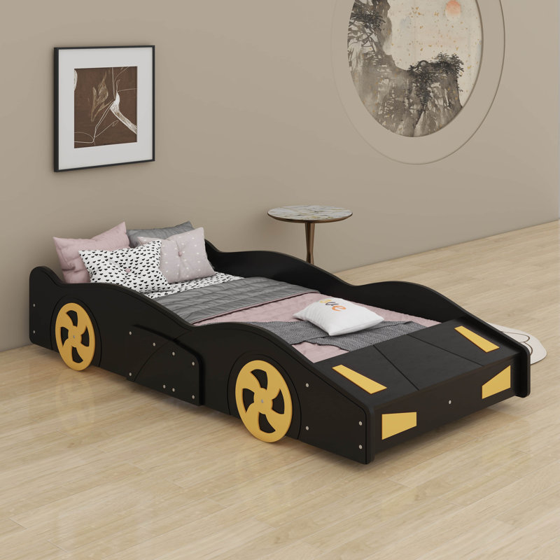 Lit plateforme en forme de voiture avec roues et rangement, Lit simple , Noir / Jaune