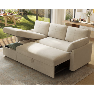 Sleeper Sectional Sofa with Pull-out Bed and Storage Chaise, Linen Blend Beige Upholstery – For Living Room