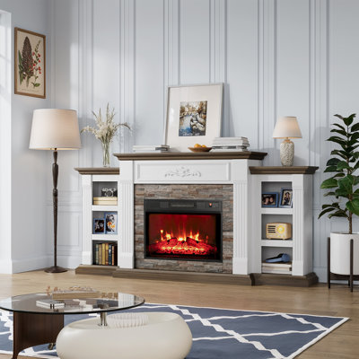 72" Electric Fireplace With Mantel, Fireplace Tv Stand For Tvs Up To 80 Inch, Entertainment Center With Storage, Realistic Stacked Stone Surround For Living Room