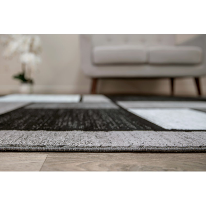 Tapis gris / blanc / noir à motif géométrique Astika, Tapis de couloir 2 pi x 7 pi 2 po