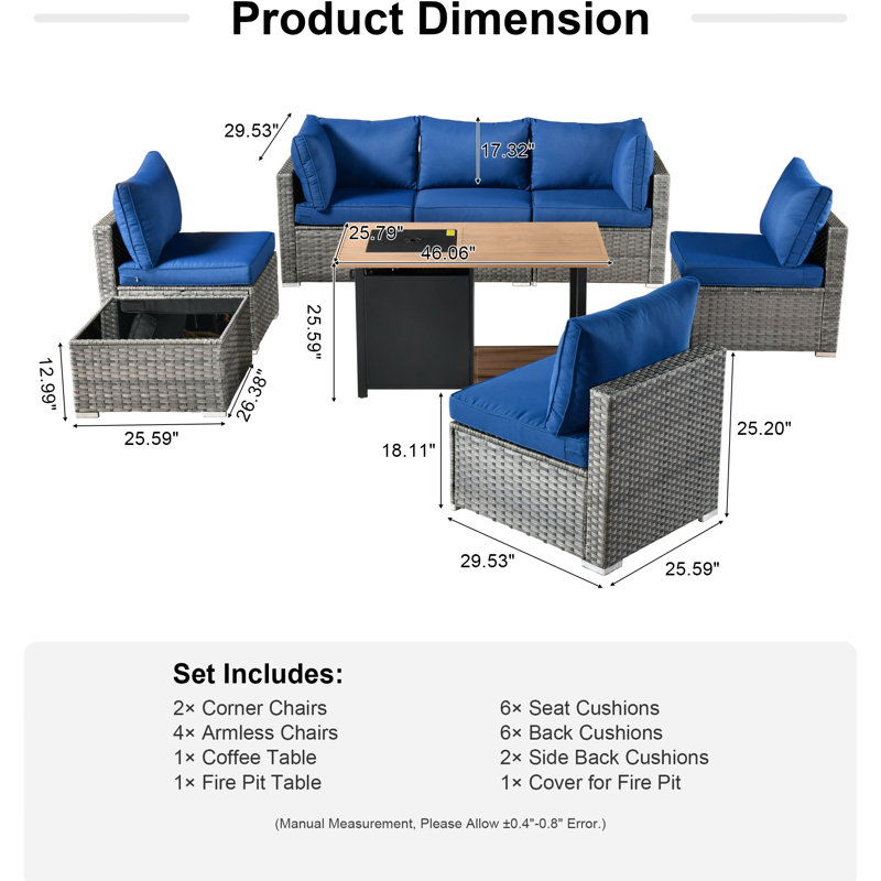 Chappotin Wicker 6 - Person Modular Patio Conversation Set with Cushions, Navy