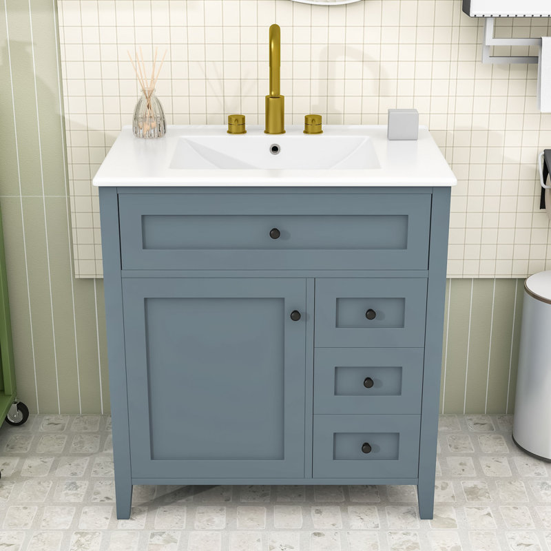 Meuble-lavabo 30 po avec lavabo, tablette et tiroirs en céramique, Blue Gray