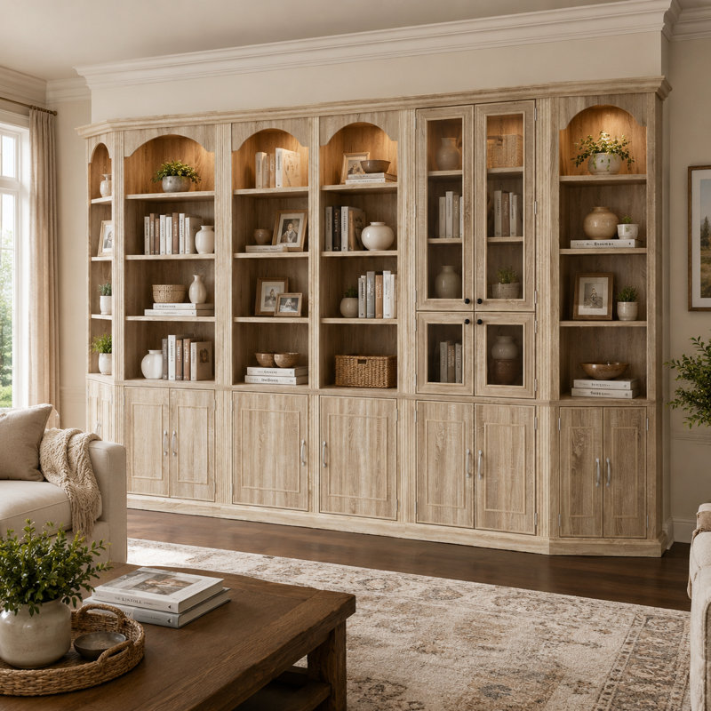 Busby 142'' W Modular Bookcase With Corner Cabinets, 3-Color Spotlights, Display Doors And Lower Storage, Oak