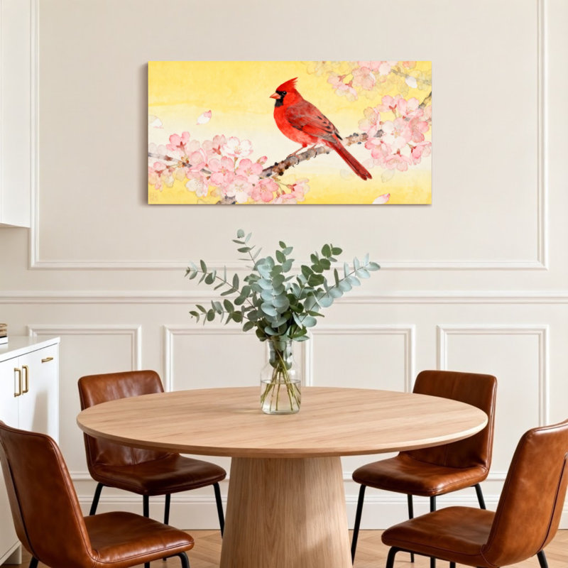 Animals Red Cardinal On Cherry Blossom Branch, 28" H x 58" W