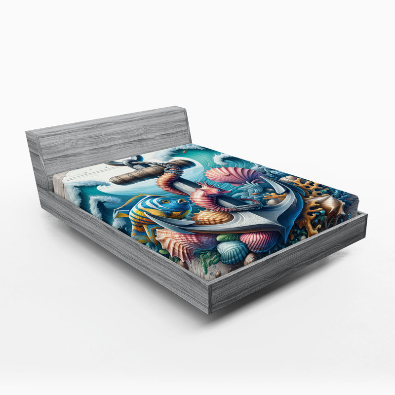 Drap-housse nautique Ambesonne_ Sous l'eau autour de l'ancre_ Bleu sarcelle et noix de coco, Drap-housse grand