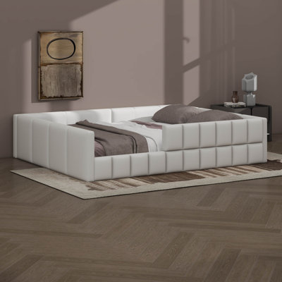 Modern Floor Upholstered Daybed, Low-Profile Woollen Boucle Fabric Corner Sofa Bed Frame with Wooden Slats Support