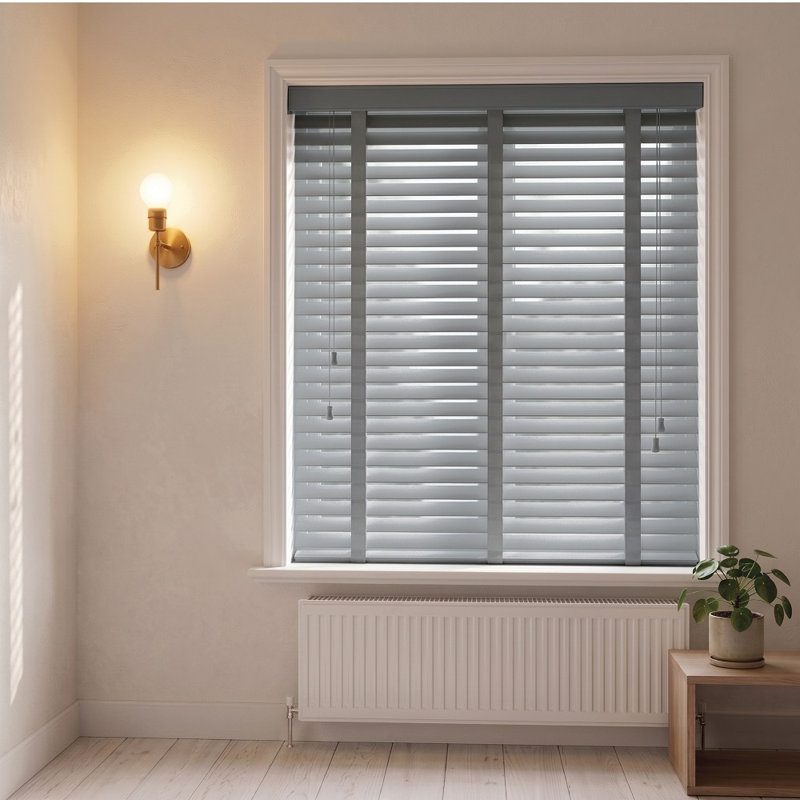 Faux Wood Venetian Blinds with Fabric Tape, Moisture-Resistant Horizontal Slats & Cord Control for Windows, Grey