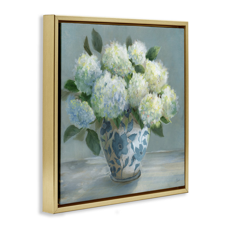 Hortensias dans un élégant cadre flottant dans un vase, design par Nan, H 25 po x l 25 po, Cadre flottant métallique doré