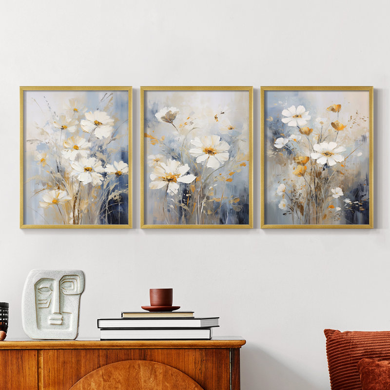 Floral Study Series XCV -Set de 3 estampes numériques giclées -Prêt à accrocher, Cadre doré, H 20 po x l 16 po
