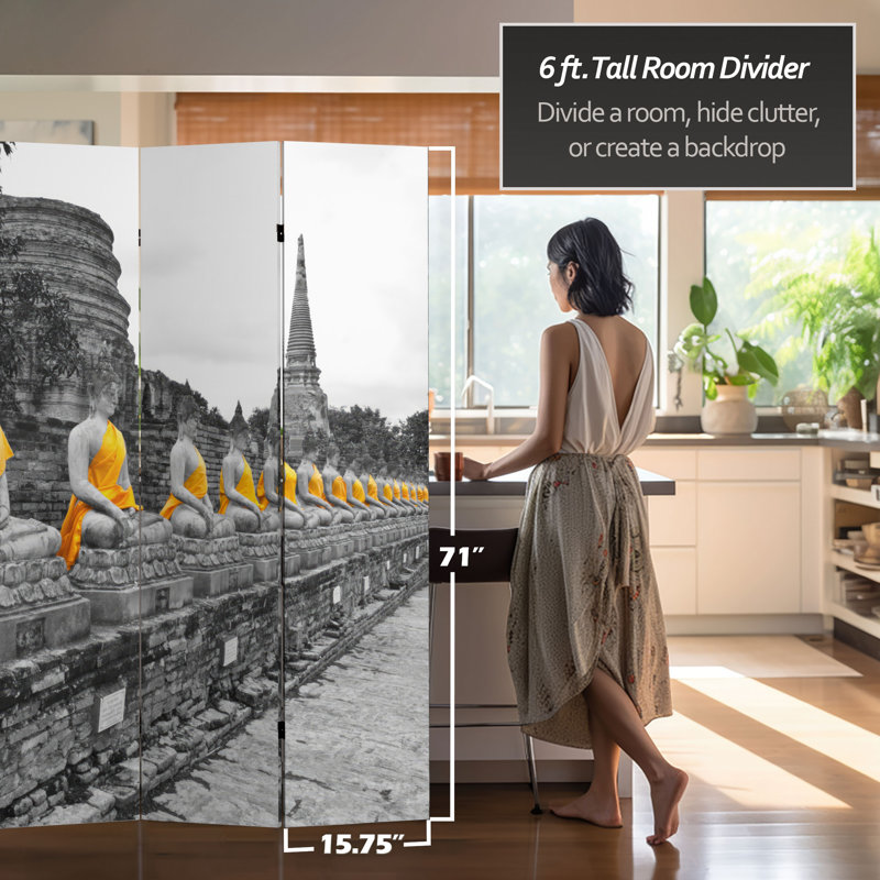 Buddha Art Canvas Folding Room Divider, Black/White