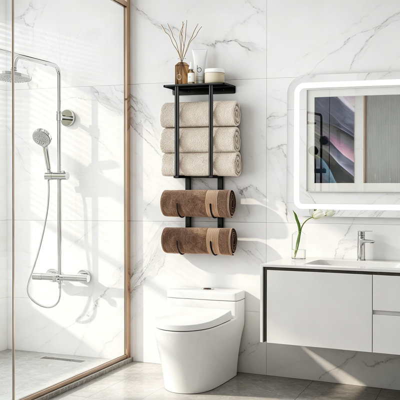 Porte-serviettes de salle de bain mural avec 2 niveaux, porte-serviettes roulé et support de rangement pour 3 grandes serviettes, gain de place pour la petite salle de bain, noir