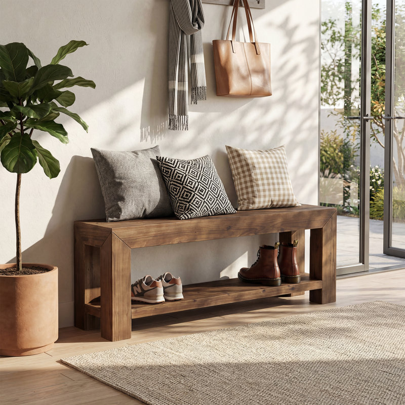 Upholstered Bench with Shelves