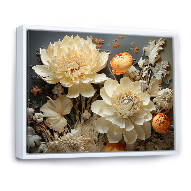 Ivoire floral complexe sur toile, H 12 po x l 20 po x P 1 po, Cadre flottant blanc