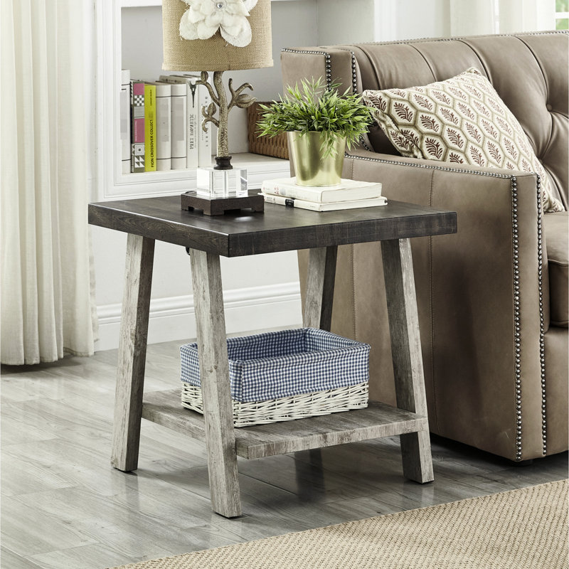 Table de bout grise et noyer patiné avec plateau carré H 23 po, Gris anthracite, Gris
