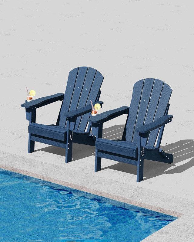 2pcs Folding HDPE Adirondack Chair with Cup Holder, Wood-Grain Texture, All-Weather Outdoor Patio Seating for Decks, Gardens, Fire Pit