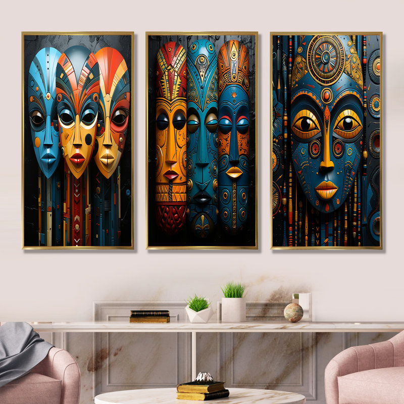 African Mystique Tribes Masks, Cadre flottant doré, H 28 po x l 36 po