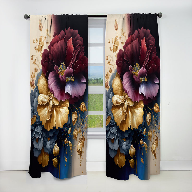 Rideau occultant floral bourgogne et bleu à motif floral I - 1 panneau, L 52 po x L 84 po