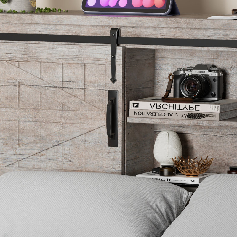 Farmhouse Bed Frame With Charging Station And Storage Cabinets, Light Rustic Oak, King