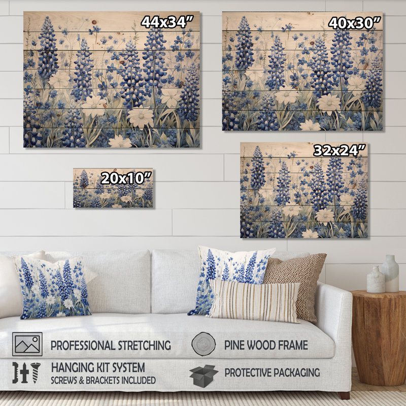 Blue Bonnets Tranquility I - Blue Bonnets, art mural sur bois de pin naturel, 10" H x 20" W