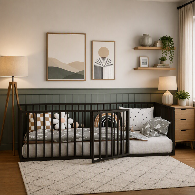 Lit Montessori en métal pour enfant (taille simple) avec barrière et porte, barrières de sécurité discrètes, sommier non nécessaire